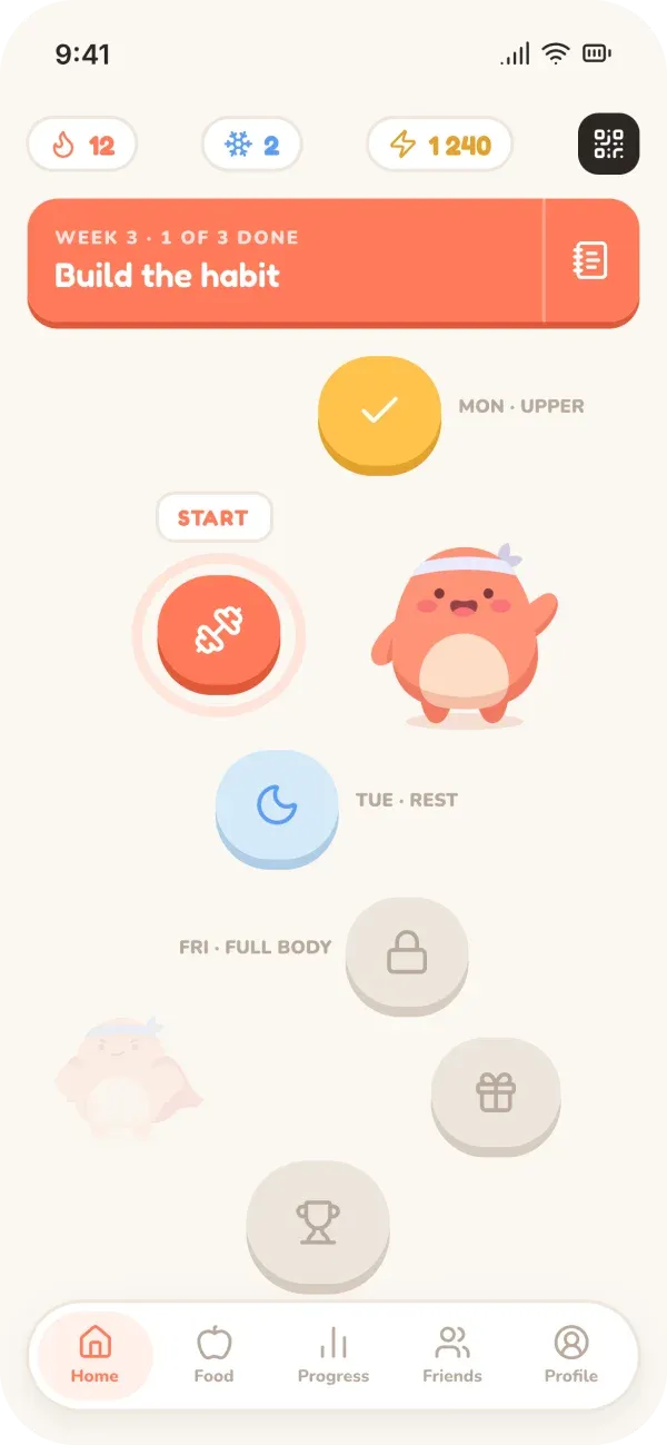 Kinchi home screen with the weekly training path
